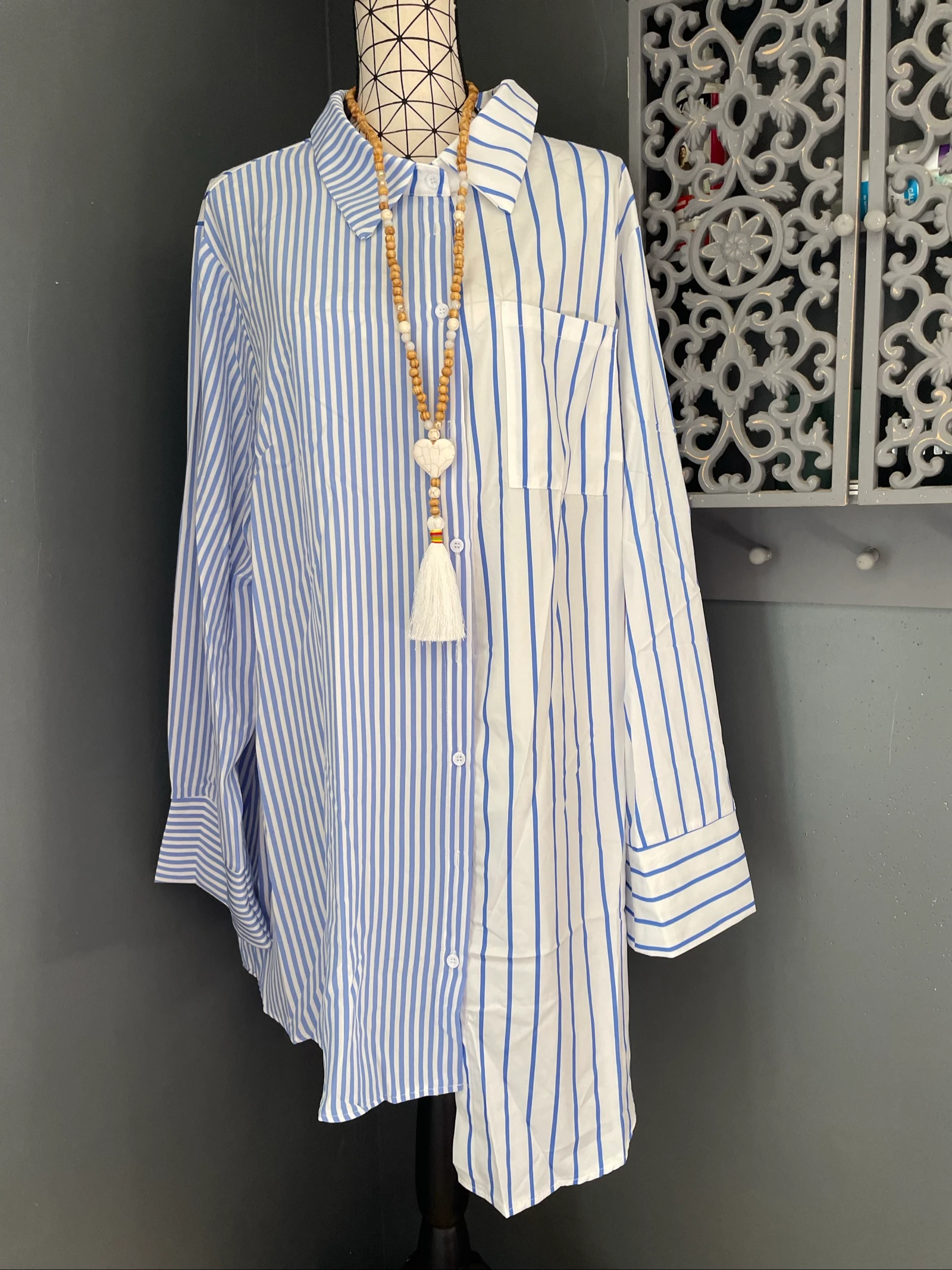 💖 chemise longa branca e azul céu listrada tamanho grande 56 oversize assimétrica 💖 – photo 6